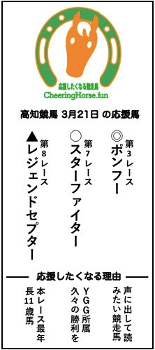 ちなみに昨日(3月21日)の応援馬の結果は
ポンフー 7着(6番人気)
スターファイター4着(3番人気)
レジェンドセプター 4着(7番人気)
でした〜
これからも応援しています! #高知競馬 #地方競馬 #応援したくなる競走馬
