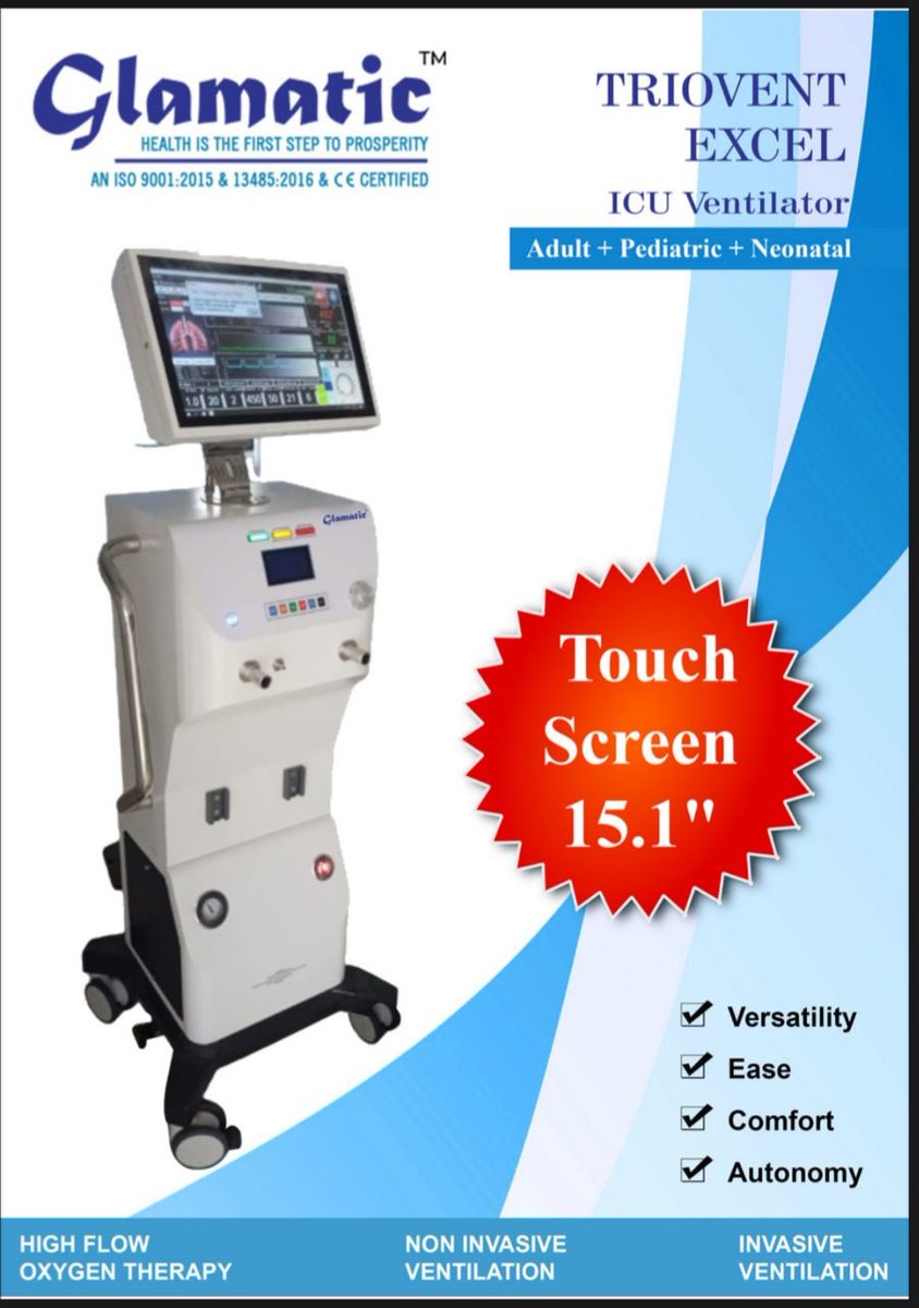 GlamaticPharma's tweet photo. Glamatic Pharmaceuticals Pvt. Ltd.

Glamatic TRIOVENT EXCEL ICU Ventilator for Adult, Paediatric, Neonatal - 3 in all with High Flow Oxygen Therapy, Non-invasive, and Invasive Ventilation (15.1" touch screen) https://t.co/4JwHiAZNBW