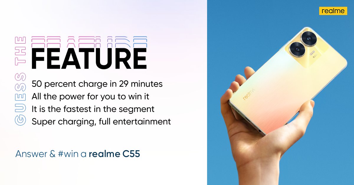 The #EntertainmentKaChampion is not just awesome, it's powerful as well! Tell us the answer below and stand a chance to win the amazing #realmeC55. #contestalert #contest #win #EntertainmentKaChampion