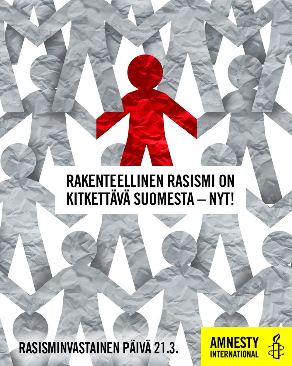 Rakenteelliseen rasismiin puututaan rakenteita muuttamalla! Antirasistisen Suomen aikaansaaminen edellyttää laajamittaista ryhtiliikettä, jonka keskiössä on oltava rodullistettujen yhteisöjen kokemusten kunnioittaminen.

Lue lisää: amnesty.fi/rakenteellinen…

#RasisminvastainenPäivä