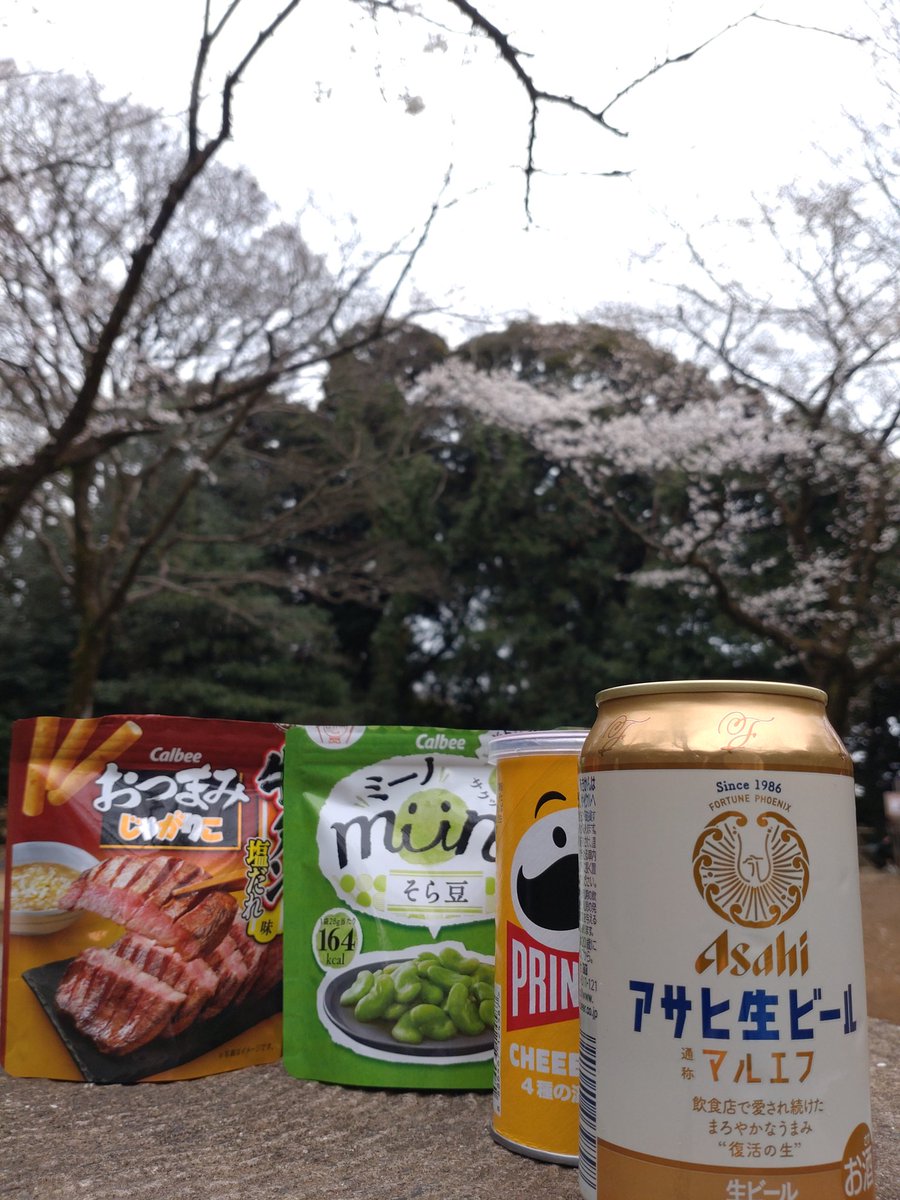 play7masa's tweet photo. コンビニでサクッと酒とつまみを買って、お手軽お花見〜✨
まだ満開じゃないみたいですね😙 https://t.co/DK9vRnYegX