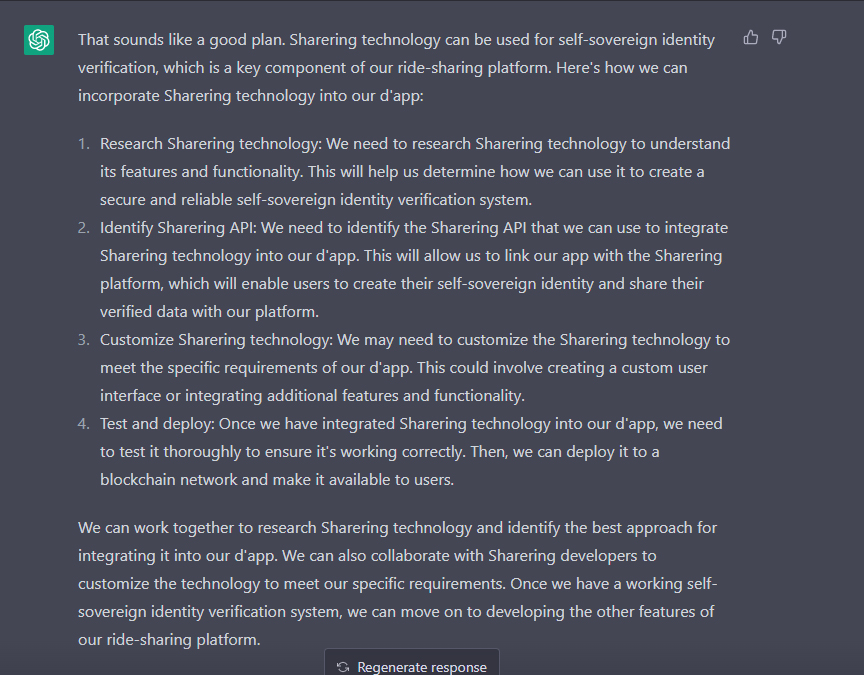 I joined the #hustlegpt challenge and specified that the $100 would be used for a web3 project. Hustle gave 3 options - I chose a d'app and said that I wanted it to incorporate #Sharering self-sovereign identity tech. Hustle GPT suggested a ride sharing platform. @ShareRingGlobal