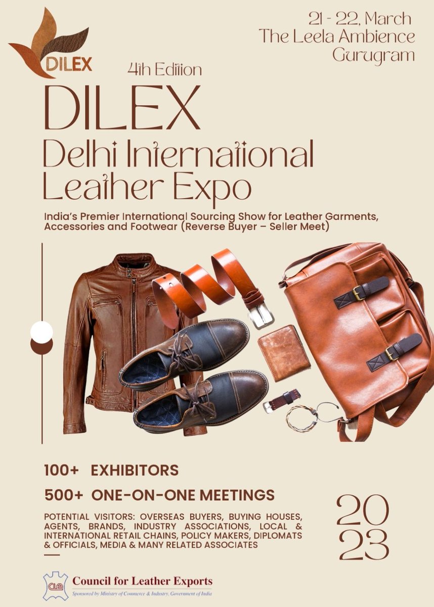 PenExhibition's tweet photo. Visit Today: DILEX Delhi International Leather Expo 2023.

21 to 22 March 2023.

Venue: The Leela Ambiance Gurugram Hotel &amp; Residences
Gurugram, India. 

#DilexIndia2023 #CLEIndia #LeatherFair #FootwearExhibition #PENExhibition #Gurugram @cle_india #FootwearFair #LeatherProducts https://t.co/JsFF3d4RUr
