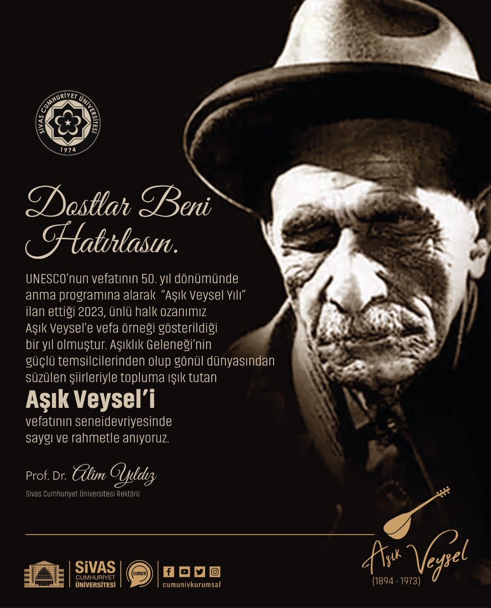 scuiletisimfak's tweet photo. “Ben giderim adım kalır
Dostlar beni hatırlasın”

Âşık Veysel’i vefatının 50. yıl dönümünde rahmetle anıyoruz.
#AşıkVeysel https://t.co/9XxaTpFWh6