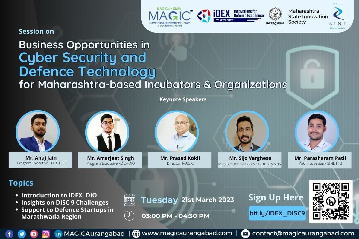 India_iDEX's tweet photo. Join us today for an outreach session on “Business Opportunities in Cybersecurity & Defence Technology” organised by @MagicAurangabad & #iDEX to gain insights on the #DISC9 Challenges launched in the domain of #Cybersecurity.
Join us at: https://t.co/Lor7WpFV1I
@Cyberdost https://t.co/ryhBYxR409