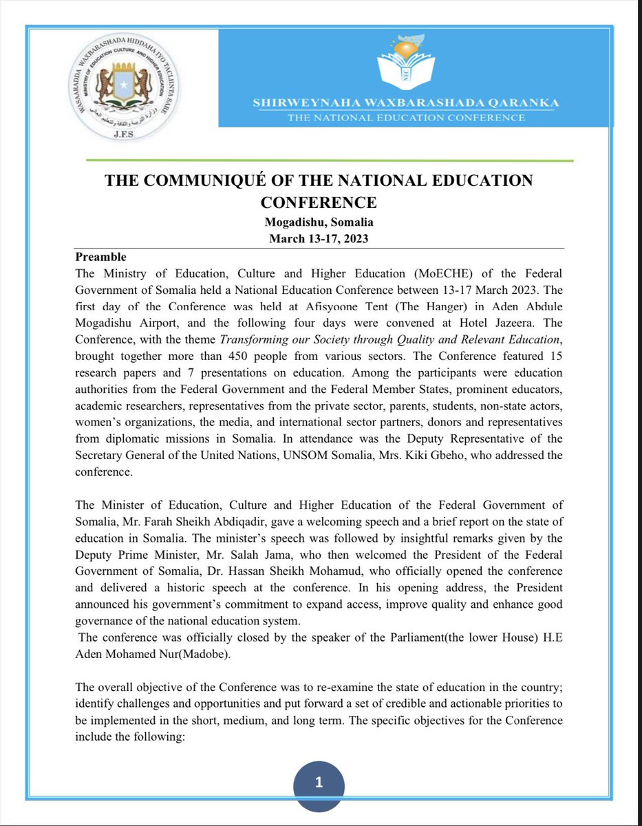 moechesomalia's tweet photo. The Communique of the National Education Conference held in Mogadishu - Somalia, from March 13-17, 2023. 

 #NEC2023 
#EducationForAll https://t.co/90Kj4iEMIO