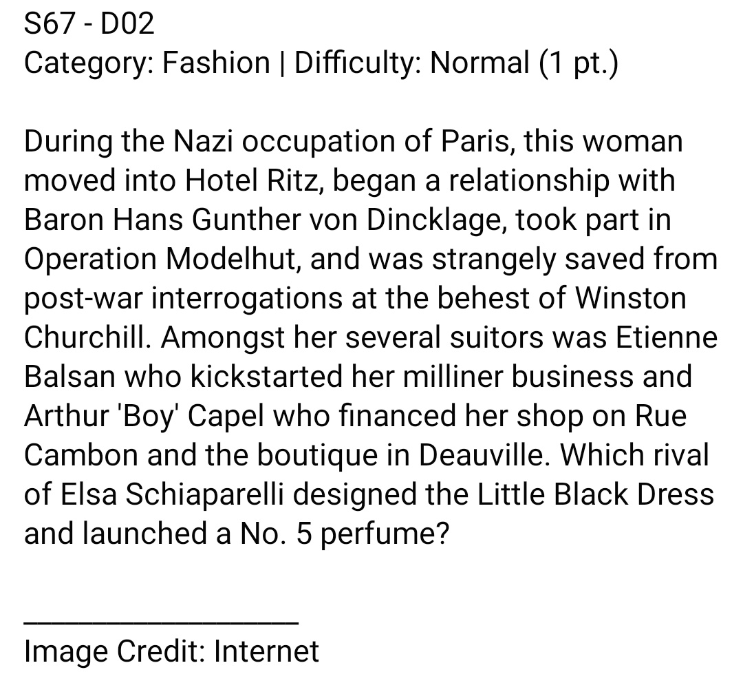 QuizKosh's tweet photo. S67 - D02
#fashion | Normal (1 pt.)

DM your answer plz.

#woman #Paris #HotelRitz #milliner #shop #boutique #littleblackdress #Perfume #QuizKosh #Quiz #trivia #Tuesday https://t.co/zfIyxfI0Og