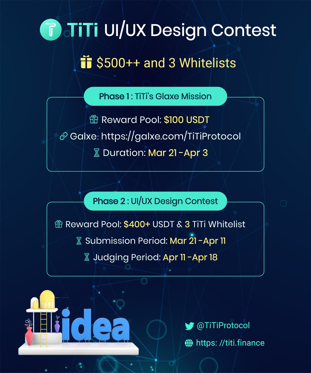 TiTi UI/UX Design Contest is live now !
🎁Rewards : $500+ #USDT  &amp; 3 TiTi #Whitelists
⏰Time: Mar 21-Apr 18

✅Contest Details: blog.titi.finance/titi-protocol-…

🔗Galxe：galxe.com/TiTiProtocol

🔗Form :
docs.google.com/forms/d/e/1FAI…