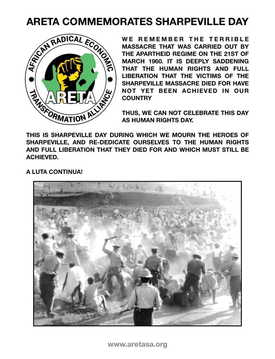 #ARETA commemorates today as #SharpevilleDay, and states that this day cannot be celebrated as #HumanRightsDay because the human rights and full liberation that the heroes of the #SharpevilleMassacre had sacrificed their lives for have not yet been achieved.