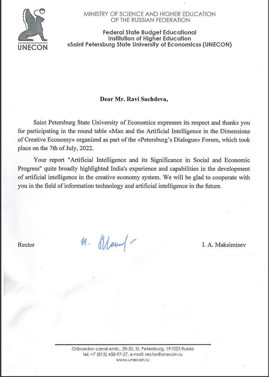 rav_sachdeva's tweet photo. Appreciation letter from St. Petersburg State University of Economics for my presentation @ AI conference «St. Petersburg's Forum». Been an honour to represent the country. 

Event Ref.: 
https://t.co/lTblyQ5RXK https://t.co/3gKl9NpZEe