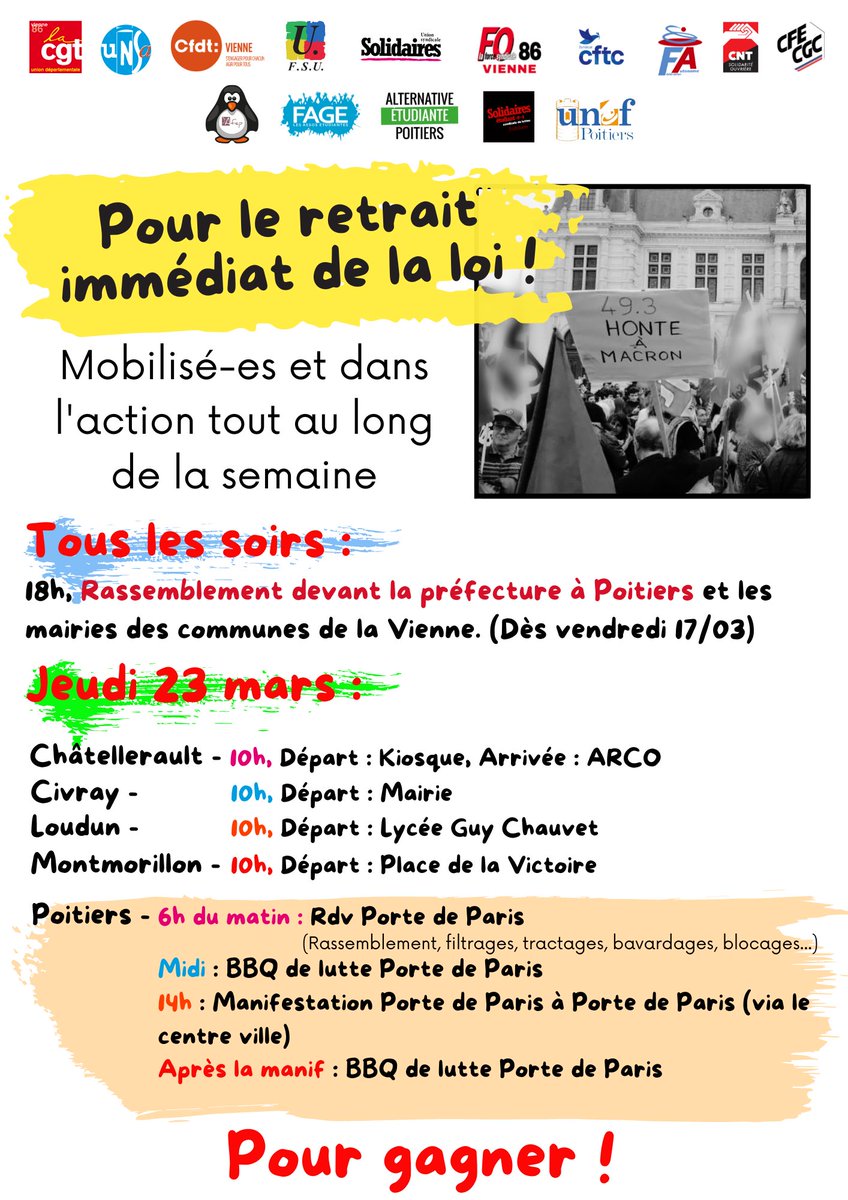 Fsu086's tweet photo. Après le passage en force du 49-3, et le rejet de la motion de censure à 9 voix près d'un gouvernement totalement disqualifié, retrouvez toutes les mobilisations à l'appel de l'Intersyndicale 86 sur ce tract. 

Pour gagner ! 
#reformedesretraites #democratie https://t.co/FeWromOruG