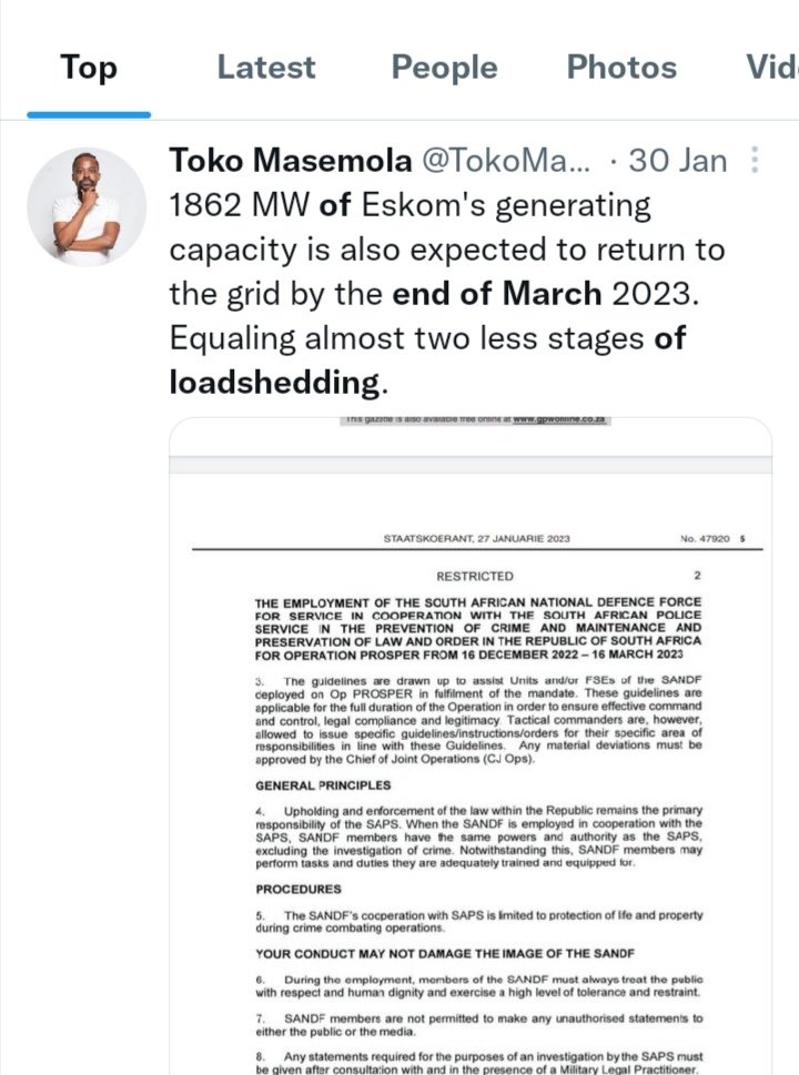 TokoMasemola's tweet photo. On 30 January 2023 we had already got information that almost 2000 MW of generating capacity was going to return to the grid by end of March. This generation capacity was planned by the Government a few months ago. Let's inform our people about this so that they don't get mislead https://t.co/Za9CjCoTS5