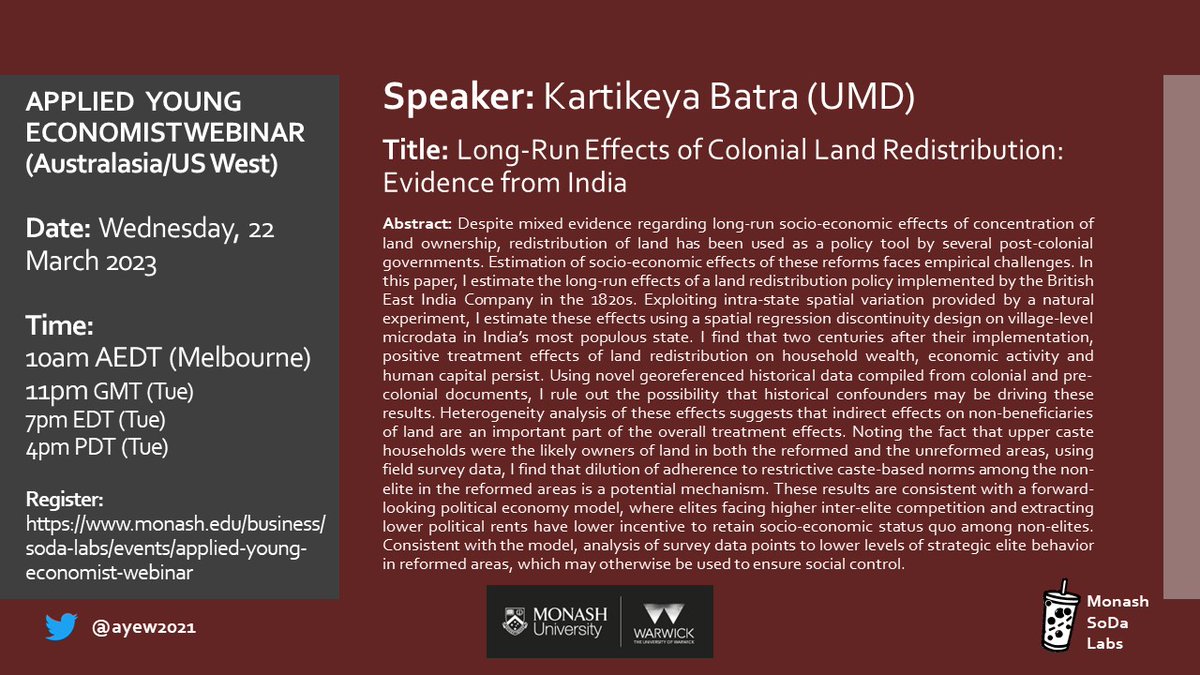 Applied Young Economist Webinar (@ayew2021) on Twitter photo TOMORROW (22 March) on Applied Young Economist Webinar
Join us at 10am AEDT (11pm GMT Tue) to listen to <a href="/KartikeyaBatra/">Kartikeya (कार्तिकेय)</a> (<a href="/UofMaryland/">Univ. of Maryland</a>)
Sign up for Zoom details: monash.edu/business/resea… TOMORROW (22 March) on Applied Young Economist Webinar
Join us at 10am AEDT (11pm GMT Tue) to listen to <a href="/KartikeyaBatra/">Kartikeya (कार्तिकेय)</a> (<a href="/UofMaryland/">Univ. of Maryland</a>)
Sign up for Zoom details: monash.edu/business/resea…
