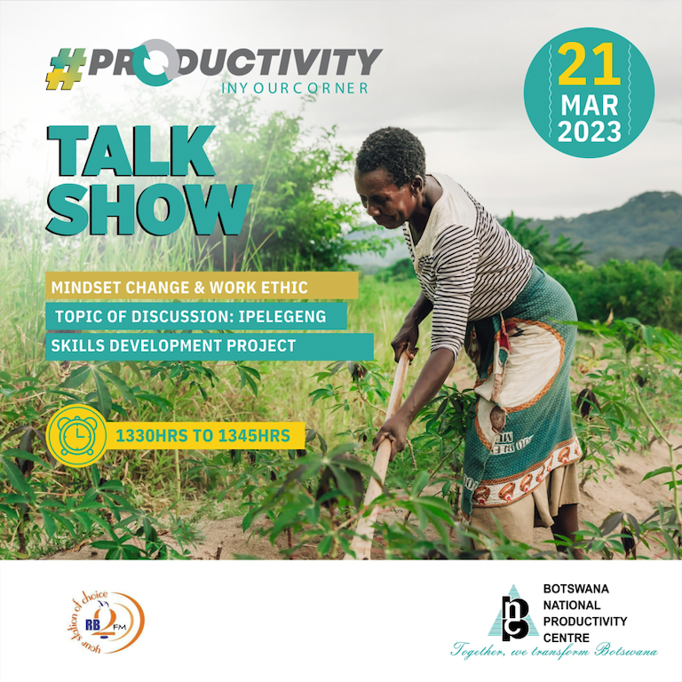 BNPC_BW's tweet photo. Join us this afternoon at 1:30 pm for our #ProductivityinYourCorner discussion on Mindset Change and Work Ethic focusing on the Ipelegeng Skills Development Project. The talk will take place on Rb2. #TogetherWeTransformBotswana https://t.co/lxb5QCpFX2