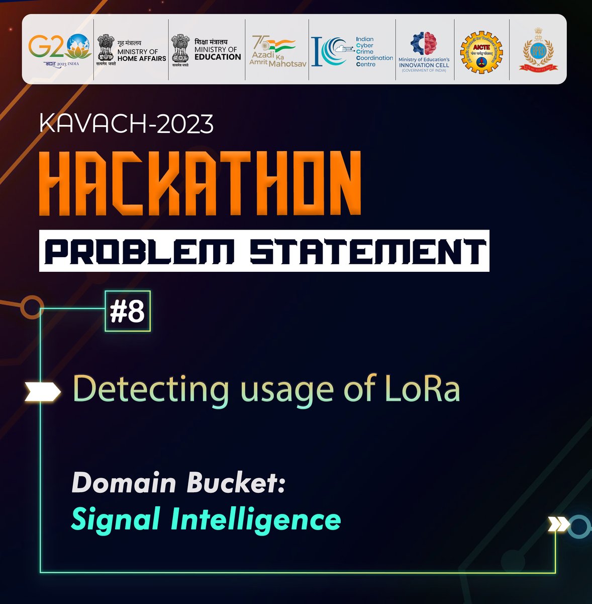 Cyberdost's tweet image. #Kavach2023 | The 8th #ProblemStatement gives a goal to develop a solution for detecting usage of low-power wide-area network modulation derived from chirp spread spectrum in a given area.
Register now kavach.mic.gov.in
#KavachHackathon #CyberSecurity #Kavach #Dial1930