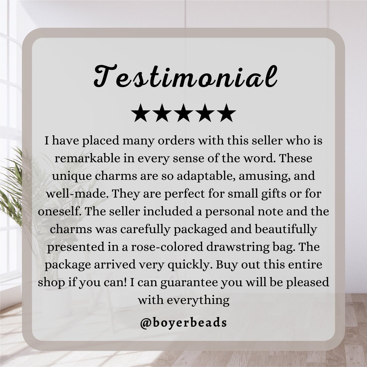 ✨Testimonial✨

It's always nice to hear positive feedback from happy customers🥰
⭐⭐⭐⭐⭐
Thank you for the kind review🥰
Visit my eBay store - ebay.com/str/boyerbeads

#ebayshop #customerreview #kindcustomer #nicereview #jewelryshop #Ebay #ebayreview #testimonial #boyerbeads