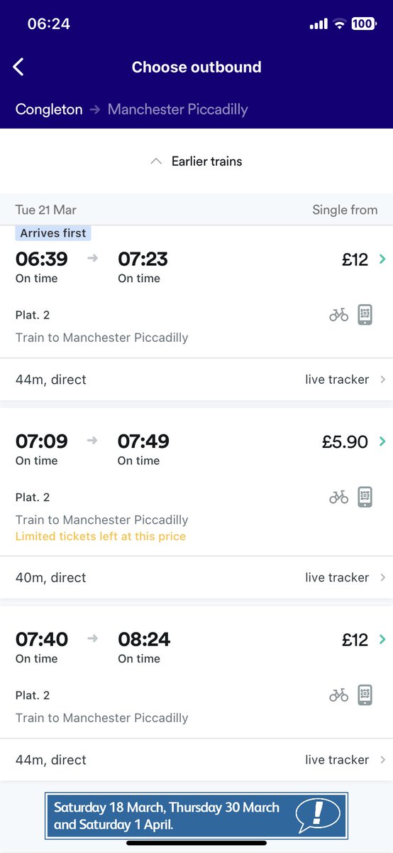 Woodflicker's tweet photo. @northernassist These are the morning trains from Congleton to Manchester. Last week they were all £5.90 and now there are multiple (the ones that we need) that are £12. https://t.co/XE8Cl4rHgb