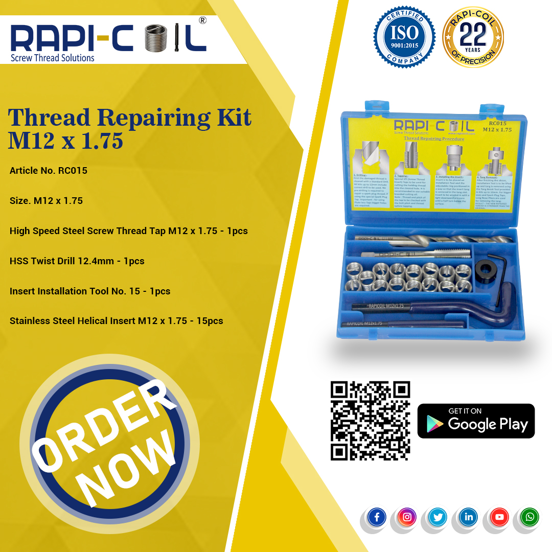 tools85315446's tweet image. Thread Repairing Kit M12 X 1.75

TO BUY NOW Visit:
Our website - rapicoil.com
Mail us – info@rapicoil.com, info@cuthard.com
Whatsapp us - lnkd.in/gYcTmRVB
Mob.- +91-9319206382, +91-9811036072

#wirethreadinserts #helicalinserts #engineeringsolutions #helicoil
