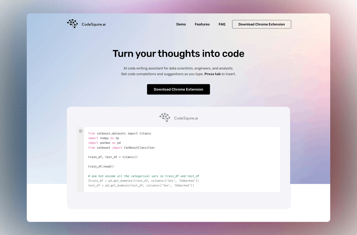 ChrisStaud's tweet image. 5. CodeSquire

Turn your thoughts into code.

@CodesquireAI is an AI codeing assistant for data scientists, engineers, and analysts.

👉 codesquire.ai
