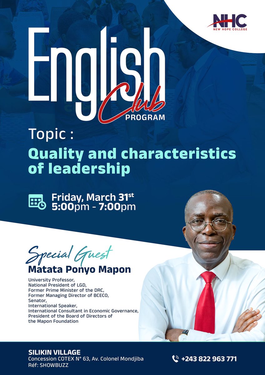NewHopeCollege1's tweet photo. New Hope College is hosting the former Prime Minister, Professor ⁦@Mapon_Matata⁩ this Friday, March 31st in its English Club program where he will talk about "Quality and characteristics of leadership".

https://t.co/bkhvXKqS2A

Time: 5:00-7:00 pm
Contact: 0822963771 https://t.co/T1mf6wgCqt