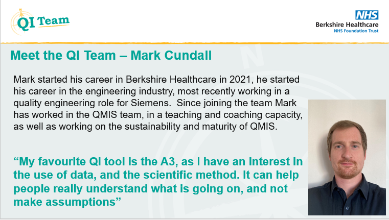 BerkshireQI's tweet photo. #MeettheQIteam – Mark is also a Quality Improvement practitioner in the #QMIS workstream #QItwitter https://t.co/Wn6X0QD7af