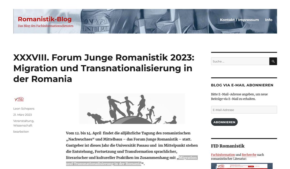 FIDRomanistik's tweet photo. Vom 12. bis 14. April findet das alljährliche Forum Junge Romanistik statt - dieses Mal an der @UniPassau und mit dem Schwerpunkt "Migration und Transnationalisierung in der Romania". 
Mehr dazu unter https://t.co/97a6te125V https://t.co/324XbmHrfN