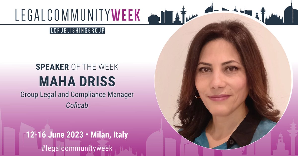 LCWeek's tweet image. 🟪 𝟏𝟐 - 𝟏𝟔 𝐉𝐮𝐧𝐞 𝟐𝟎𝟐𝟑, 𝐌𝐢𝐥𝐚𝐧, 𝐈𝐭𝐚𝐥𝐲
Maha Driss, Group Legal and Compliance Manager, COFICAB Group, will be one of the speakers at the 𝐋𝐞𝐠𝐚𝐥𝐜𝐨𝐦𝐦𝐮𝐧𝐢𝐭𝐲 𝐖𝐞𝐞𝐤 𝟐𝟎𝟐𝟑.
For Info &amp;gt;&amp;gt; lnkd.in/dEfkzZUv
#legalcommunityweek