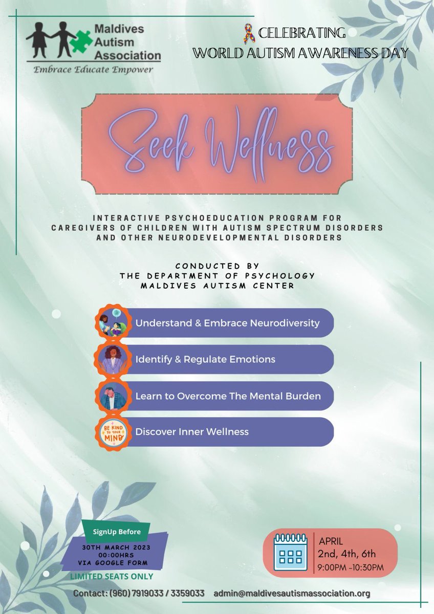 maldivesautism's tweet photo. Sign-up for our FREE Interactive Psychoeducation Program for the parents/caregivers of children with Autism, ADHD, Learning Difficulties and other Neurodevelopment Disorders.
Fill out the Google form attached for Registration 
https://t.co/bXh5qM1V26 https://t.co/sbgfSh2IxG