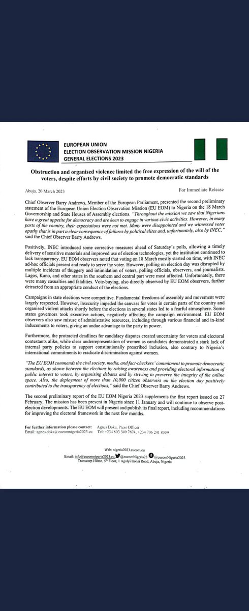 ClearViewTV_'s tweet photo. Nigeria Decide 2023: European Union declared that Nigeria election is mared by violence, and it's limits the will of the people. 
#RestoreOurMandate #wike #Agbani #Chude #PeterObiMyPresident  #Abaribe #FunkeAkindele #Protest #AlexOtti https://t.co/fkz70k4BAC