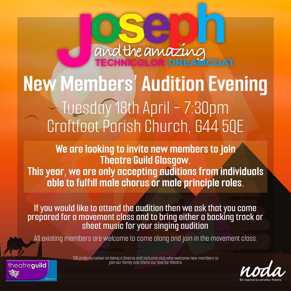 TheatreGuildG's tweet photo. JOSEPH AND THE AMAZING TECHNICOLOR DREAMCOAT
❤️🧡💛💚💙💜
New Members’ Auditions
If anyone has any questions or would like to know more, please do not hesitate to contact us at
committee@theatreguildglasgow.co.uk
💜💙💚💛🧡❤️
#gogojo https://t.co/GcMkFyLxNF