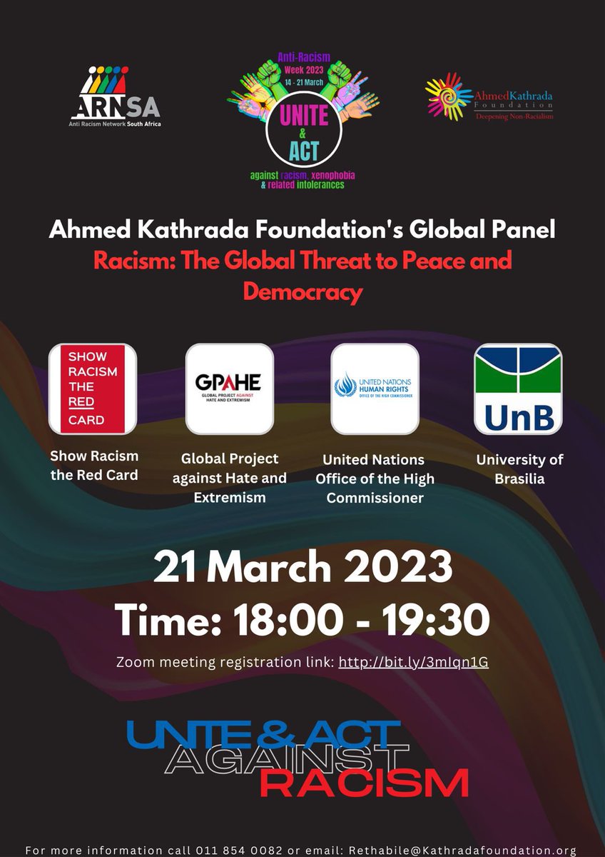 As we commemorate #HumanRightsDay, join us today for a discussion on racism as a global threat to peace and democracy.

Event details:
When: Tuesday, 21 March 2023
Time: 18:00 South African Time
Please register using the Zoom link :bit.ly/3mIqn1G
#UniteAgainstRacism