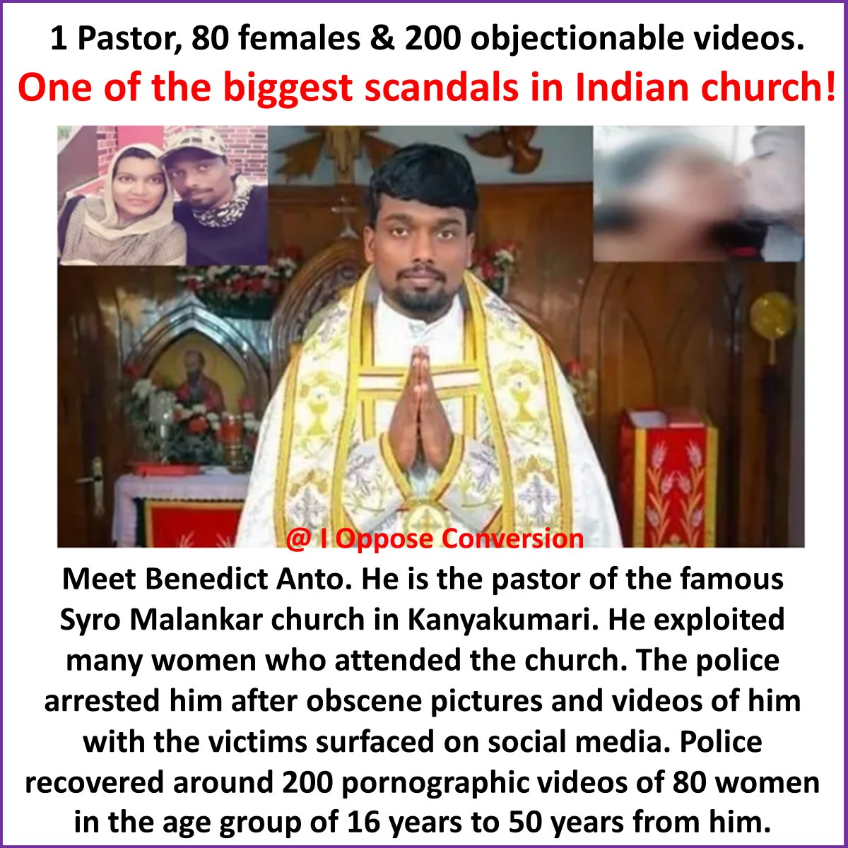 #TamilNadu: #Catholic priest Benedict Anto arrested for sexual abuse, intimate videos with several women leaked on social media. This is how #Christian pastors are spreading love of #Jesus in #India 

#NoConversion #Christianity #Hinduism #Sanatan #StopConversion #Hindu #Hindus