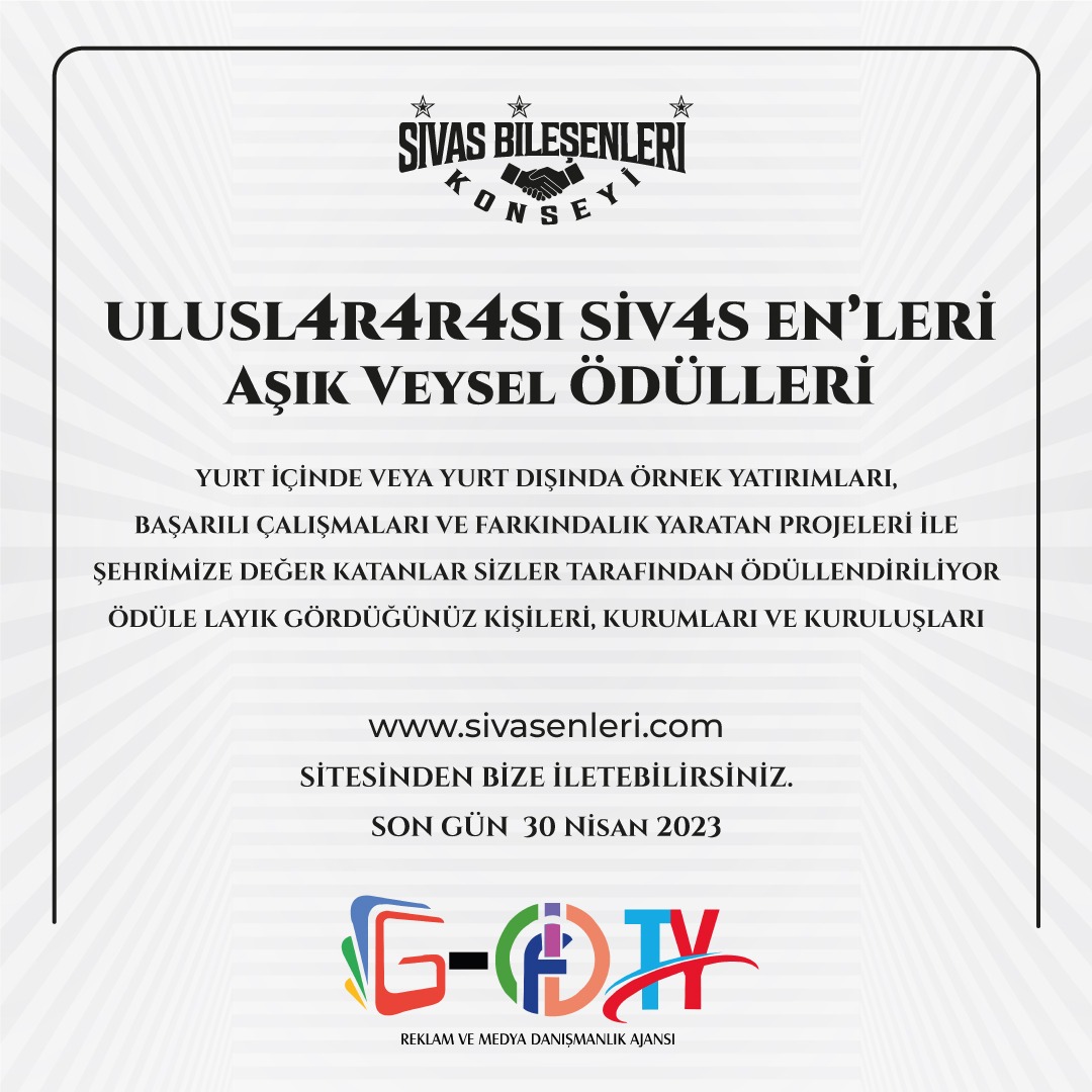 #sivas #sivasenleri #sivasbilesenleri #konsey #aşıkveysel #bilim #çevre #eğitim #engelleriaşanlar #işdünyası #kültür #marka #onurödülü #özelödül #radyo #sağlık #sanat #tanıtım #stk #dernek #vakıf #federasyon #sosyalsorumluluk #spor #edebiyat #şair #yazar #tv #yatırım #basın