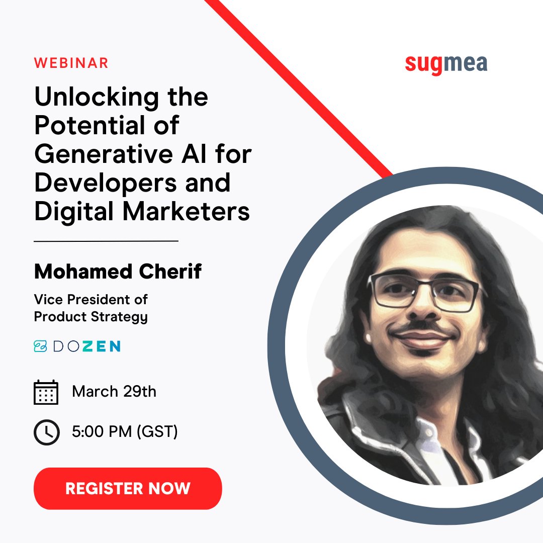 Dive into the world of generative #AI and explore the strategies that developers, marketing technologists, &amp; digital marketers can use to benefit from our speaker Mohamed Cherif, VP of Product Strategy <a href="/DoZenHQ/">DoZen</a>! Register here: bit.ly/3Z2GeFy

<a href="/Sitecore/">Sitecore</a> #SUGMEA #ChatGPT