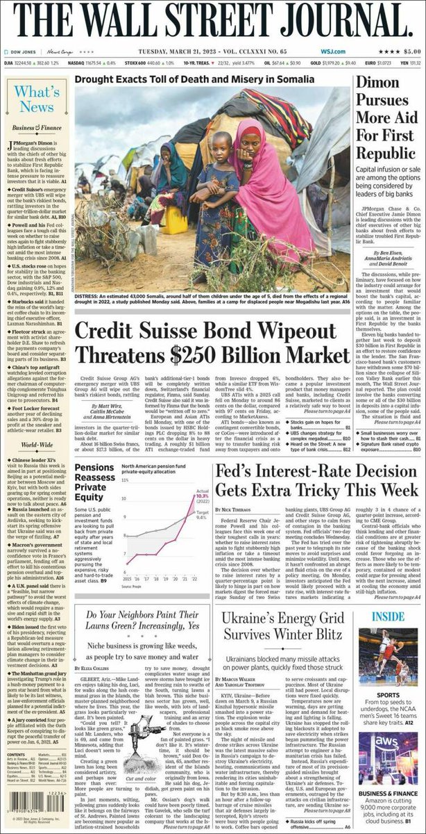 🇺🇸 Credit Suisse Bond Wipeout Threatens $250 Billion Market

▫Deal would write down more than $17 billion of the bank’s riskiest bonds
▫Matt Wirz, @mccabe_caitlin @ahirtens 🇺🇸

#frontpagestoday #USA @WSJ