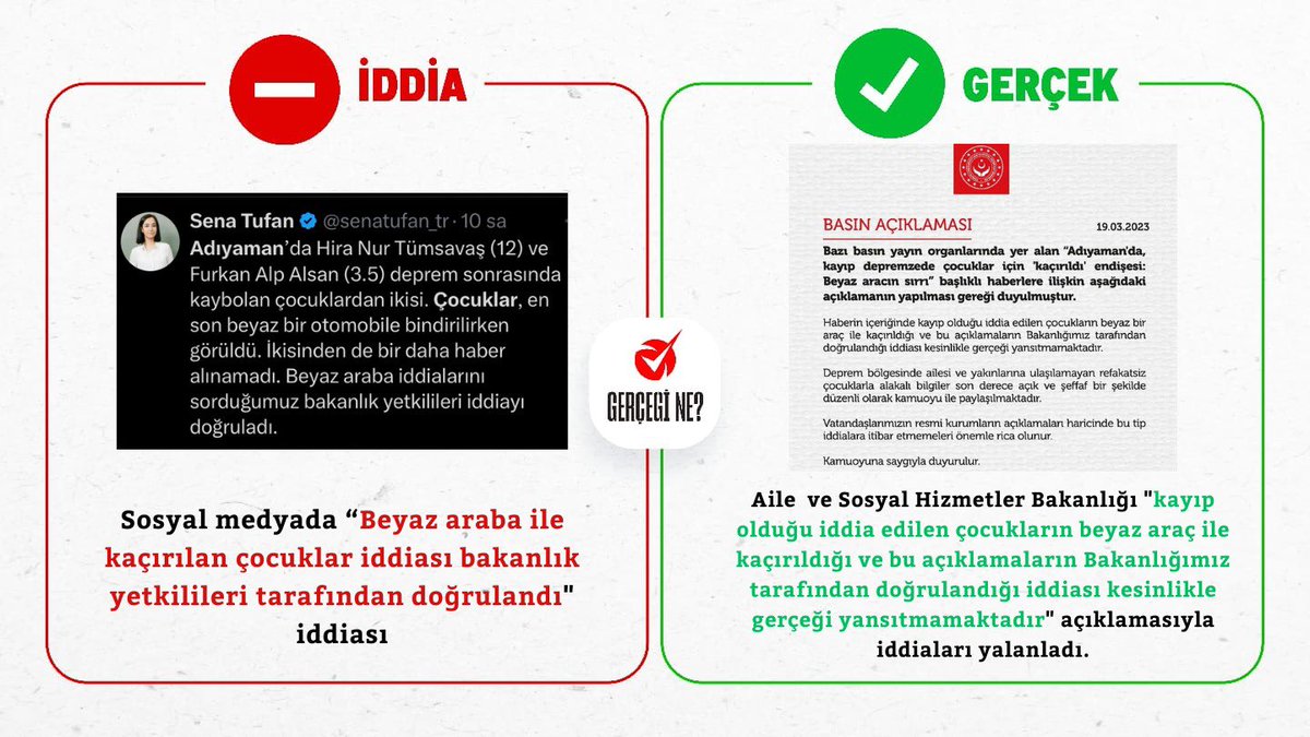 GercegiNe's tweet photo. “Beyaz araba ile kaçırılan çocuklar iddiası bakanlık yetkilileri tarafından doğrulandı" iddiası ❌
#GercegiNe https://t.co/HSxeMvhUFy