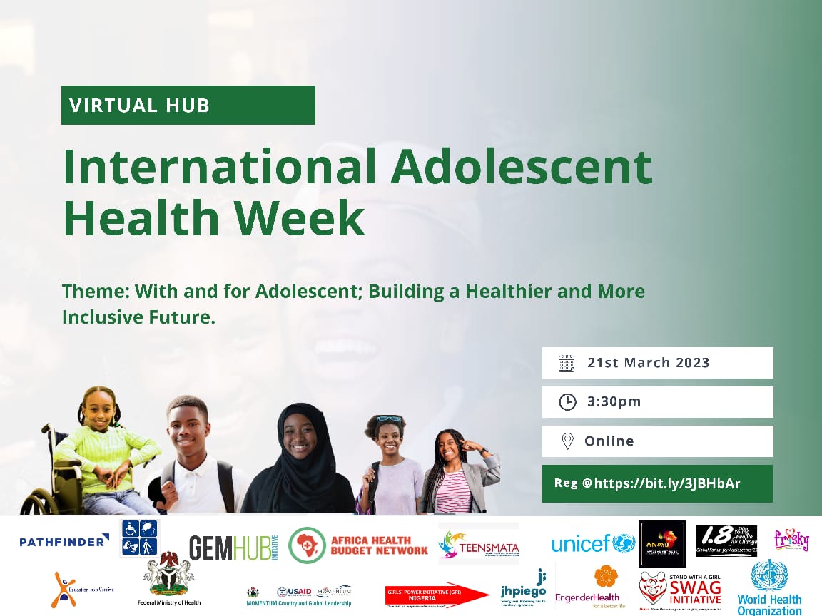 It's happening today, 3:30 PM GMT+1. #IAHW2023 Indeed this is with and for adolescents! 

Register here bit.ly/3JBHbAr

@Fmohnigeria @NigEducation @AHBNetwork  @UNICEF_Nigeria @swag_initiative @PathfinderInt @anayd_africa @WHONigeria