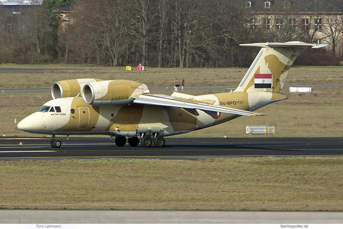 Egyptian Air Force An-74T-200A (SU-BPO) light transport multi-purpose aircraft spotted in Berlin, Germany.