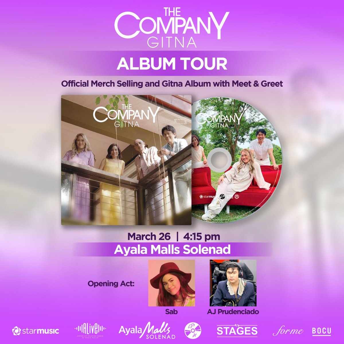 StarMusicPH's tweet photo. Check out the next stop for @thecompanysing’s 'GITNA' Album Tour! 💜 It will be a special Sunday on March 26, 4:15PM at the Ayala Malls Solenad.
They'll be accompanied by our very own @officialsabmusi and AJ Prudenciado for this leg 🎵
#TheCompanY #SAB #AJPrudenciado #GITNA https://t.co/jUvytFA2KV