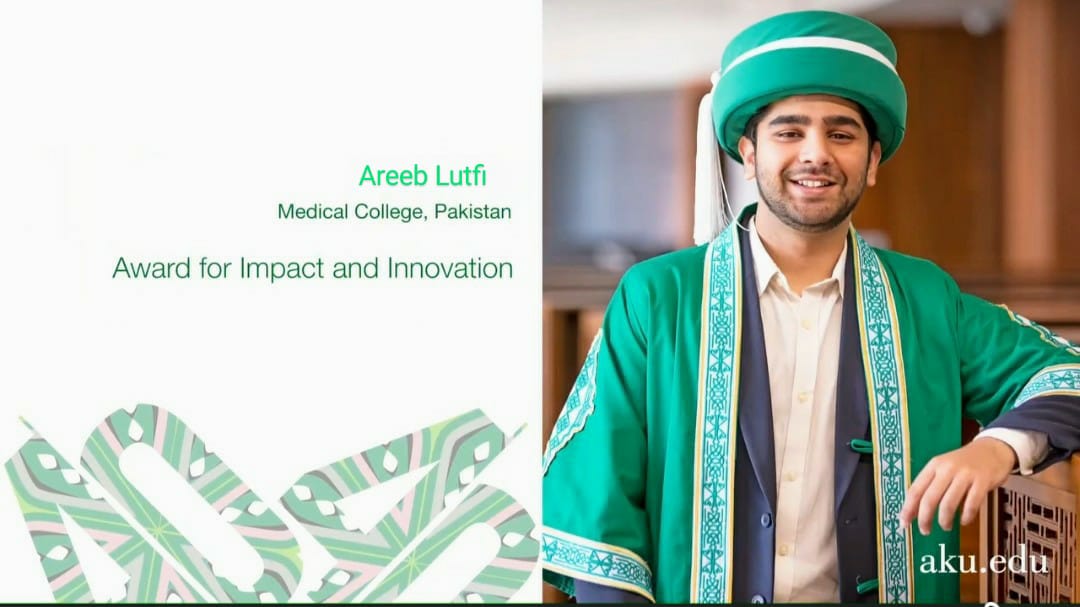 soig_aku's tweet photo. Congratulations to Areeb Lufti, (Class of 2022) and former Vice President of  SOIG, for receiving the prestigious Impact and Innovation award at the Aga Khan University's convocation 2023! 🎉 https://t.co/y3smWq1fDm