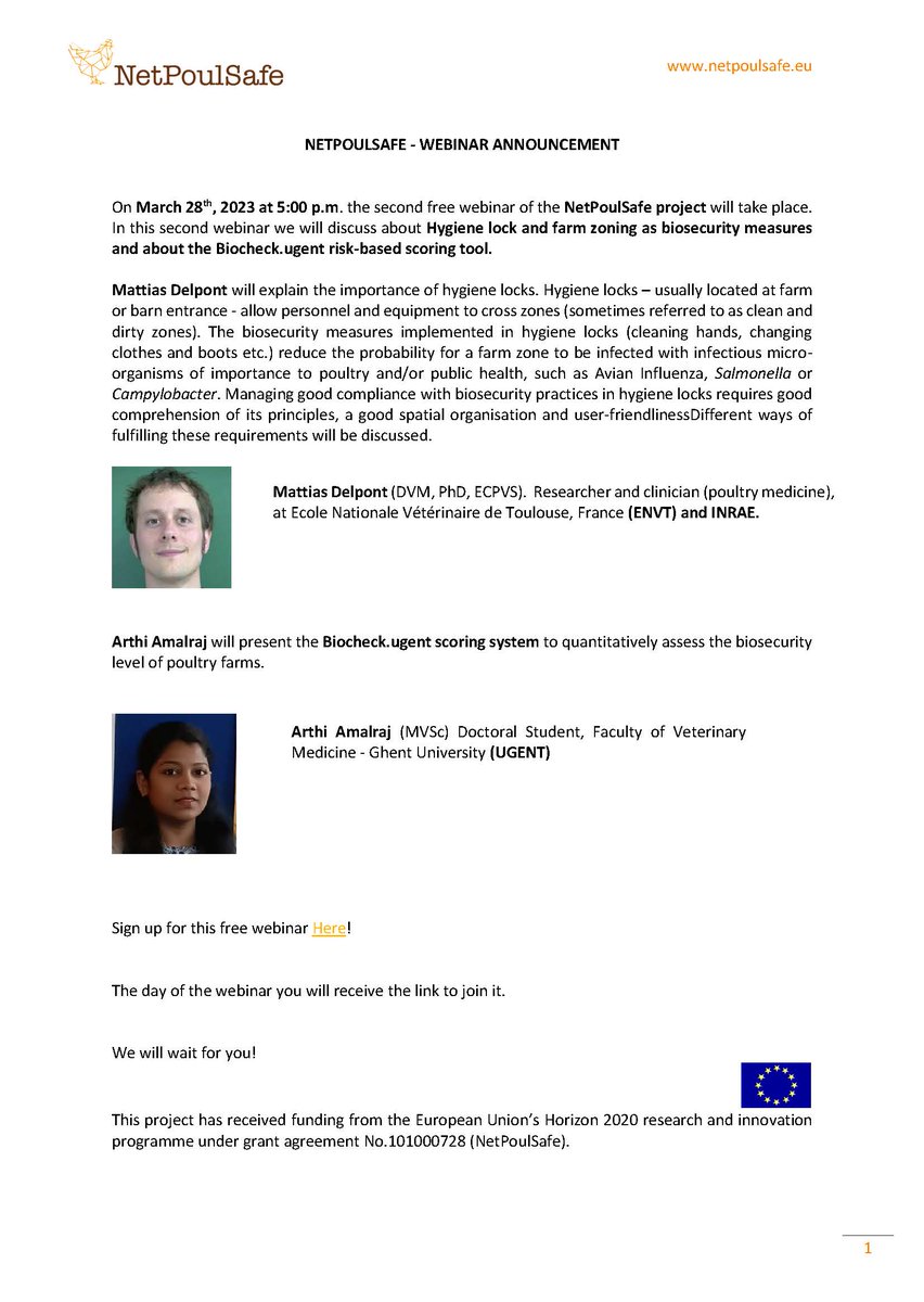 netpoulsafe's tweet photo. On March 28th the second free webinar of the Netpoulsafe project will take place. We will discuss about Hygiene lock and farm zoning as biosecurity measures and about the Biocheck.ugent scoring tool.

Sign up now!
https://t.co/300W2lP9Pd

#netpoulsafe #biosecurity #poultry https://t.co/hJKtLAArDy