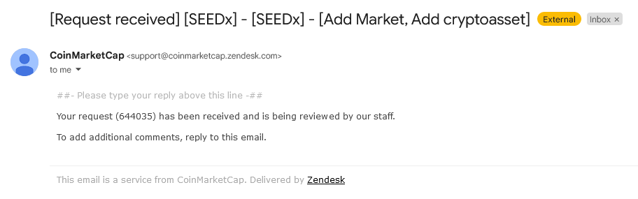 This is @CoinMarketCap listing submission information of $SEEDx token, Ticket number - 644035