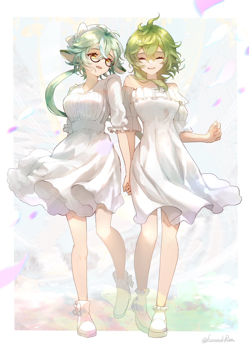 sucrose (genshin impact) multiple girls 2girls green hair dress white dress closed eyes glasses  illustration images