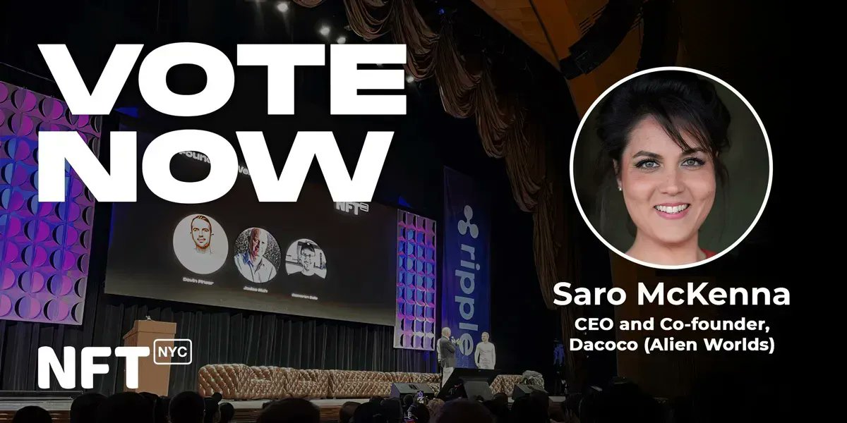 AlienWorlds's tweet photo. 📢Explorers, please vote for @dacocoio CEO and #AlienWorlds Co-founder Saro McKenna to speak on the main stage at this year's #NFT NYC conference!🎊
Your support is appreciated!❤️
Vote here now 👉 https://t.co/Z7gs9XHvHX
#AlienWorldsCommunity #iVoteAlienWorlds #Web3 #TLM #AWAO https://t.co/HKjILvNPj9