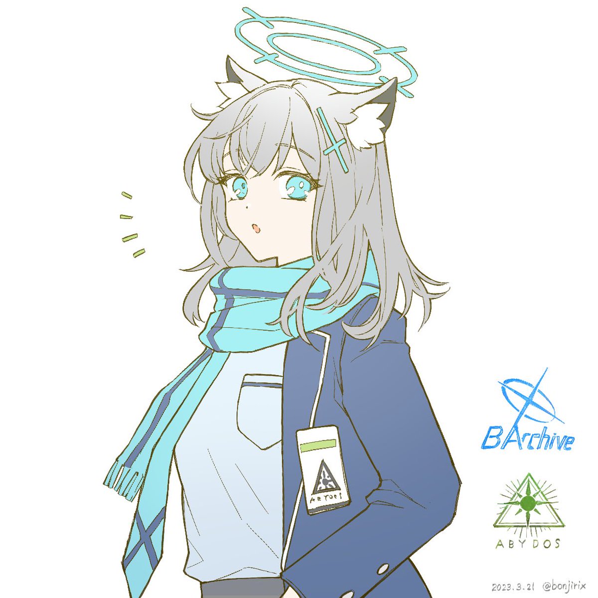 shiroko (blue archive) 1girl animal ears scarf solo blue scarf halo grey hair  illustration images