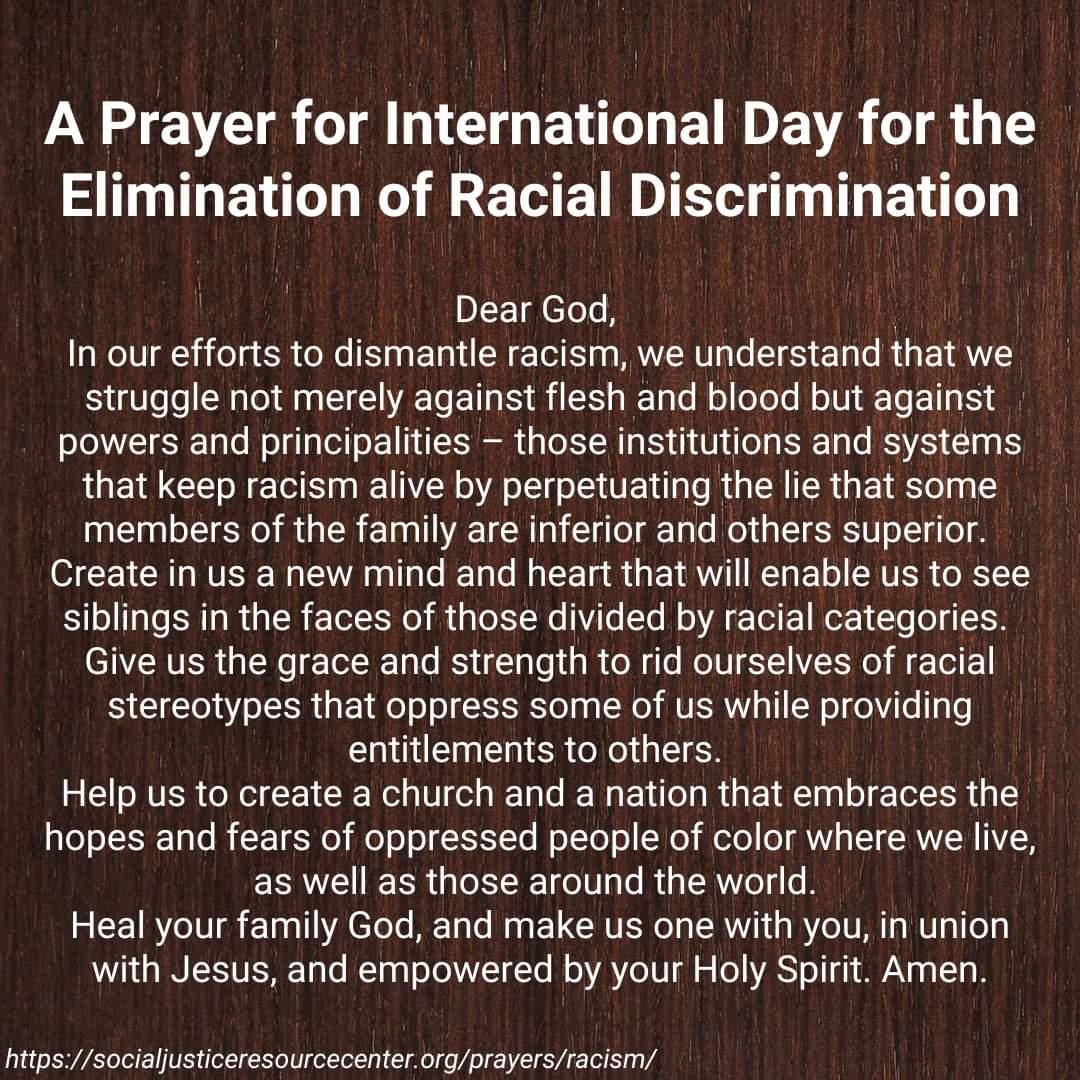 A Prayer for International Day for the Elimination of Racial Discrimination

From: 
socialjusticeresourcecenter.org/prayers/racism/