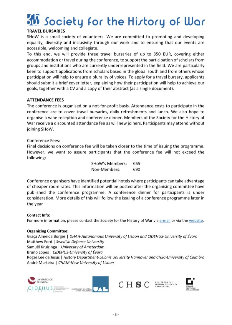 📢 Call for papers 📢

We are delighted to announce our upcoming conference on the ‘Histories of Violence in War’, held in-person in Lisbon on 23-24 November 2023. 

Deadline for submissions is the 30 June 23 &amp; more details can be found below or at show.org.uk