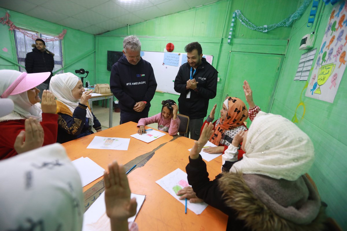 EUinJordan's tweet photo. A #TeamEurope delegation visited EU-funded schools and a Makani centre at the #Zaatari Refugee Camp to gain a deeper understanding of the initiatives and programs in place.  The delegation also visited the #Mafraq Youth Centre, where they engaged with local #youth https://t.co/HH8ESENW0d