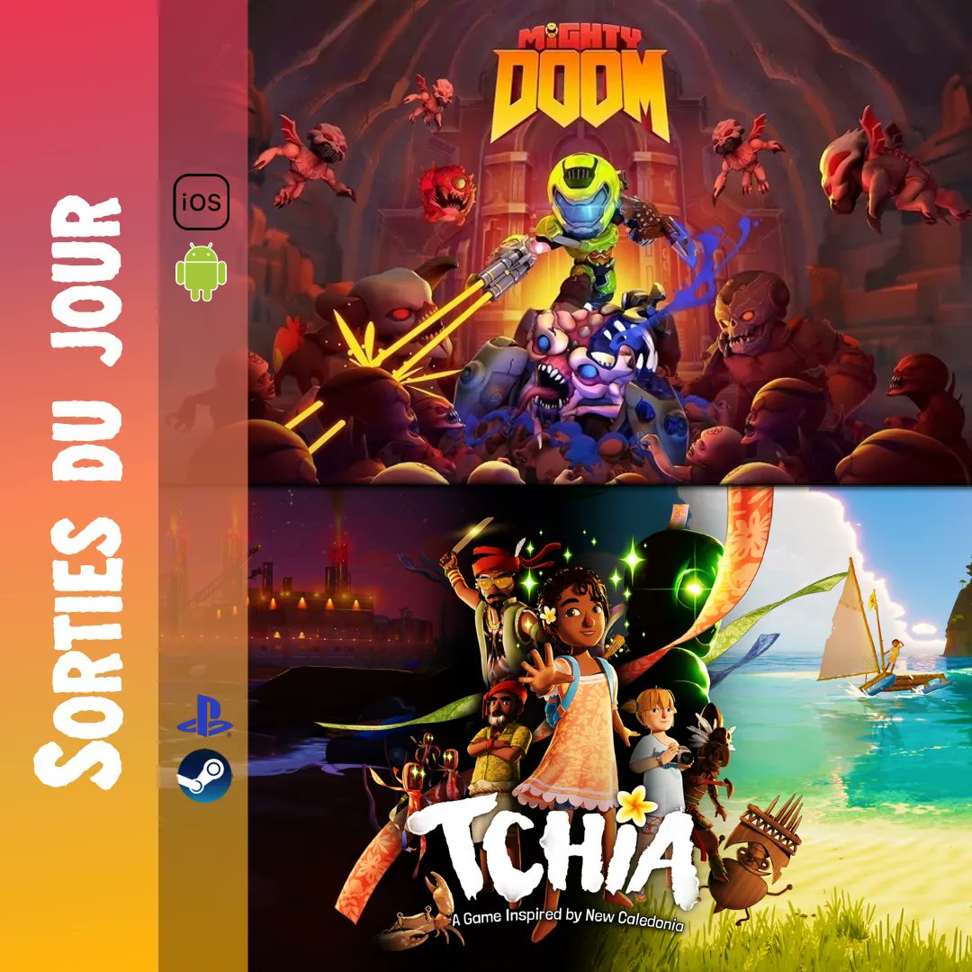 Resto_Geek's tweet photo. Sorties du jour :
- Mighty DOOM sur #IOS et #Android
- Tchia sur #PC et #Playstation 
#Restogeek #Sortiesjeuxvideo #jv #jeuxvideo #MightyDOOM #Tchia https://t.co/yVHc5U3qY8