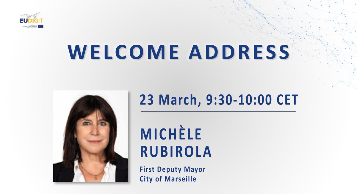 EUDIGIT_Network's tweet photo. 👉 Join us for the last event under #EUDIGIT this Thursday! 
💡 Opening speech by the Deputy Mayor of Marseille, Ms Michèle Rubirola, who will tell us how her city progressed towards reducing the #digitaldivide thanks to European cooperation.
Register now: https://t.co/WTT1N6zyGg https://t.co/a08oXe1g2z
